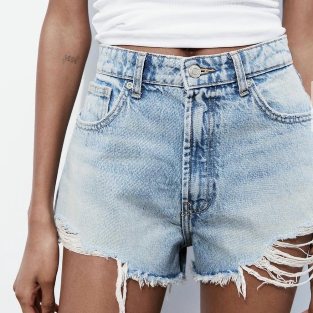 Zara TRF High Waisted Ripped Curved Denim Shorts